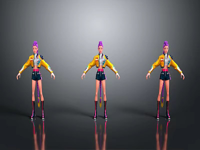 Three Women In Yellow Jacket Black Shorts Purple Boots And Purple Hair On Gray Background 3d model