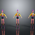 Three Women In Yellow Jacket Black Shorts Purple Boots And Purple Hair On Gray Background