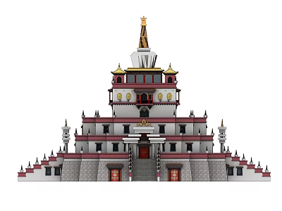 Traditional Ancient Architecture With Multi Tiered Structure Red White Walls And Golden Spire 3d model