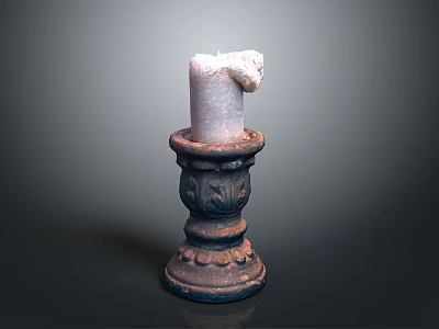 Ornate Carved Vintage Candlestick With Burning Candle On Dark Background 3d model