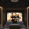 Luxurious Home Theater With Starry Ceiling Dark Wooden Walls Blue Leather Recliner Sofas And Large Screen