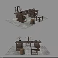 Elegant Wooden Tea Table And Chairs With Stools On Decorative Rug