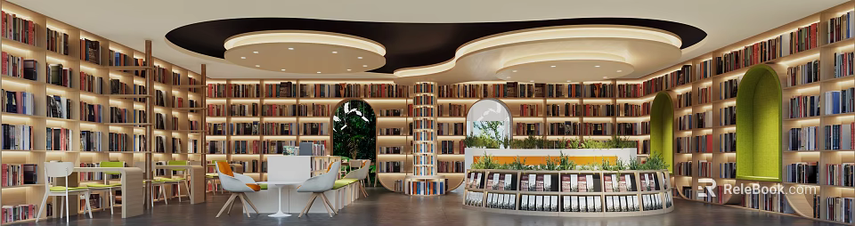 Modern Book Space Interior Design With Bookshelves Plants And Seats 3d model 