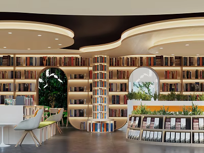 Modern Book Space Interior Design With Bookshelves Plants And Seats 3d model