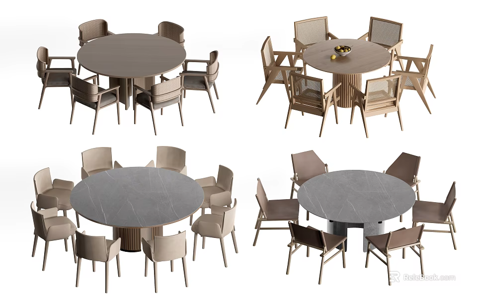 Modern Round Dining Table Set With Six Chairs And Gray Marble Top 3d model 