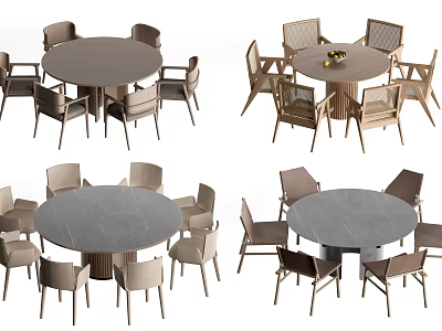Modern Round Dining Table Set With Six Chairs And Gray Marble Top 3d model