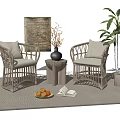 Wicker Leisure Chairs With Armrests Cushions On Rug Side Table Plant Fruits And Books