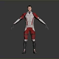 Game Character In Red And White Futuristic Outfit With Black Accents And Silver Details