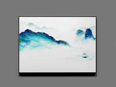 Ink Wash Style Landscape Painting With Misty Mountains Calm Water Small Boat And Birds 3d model