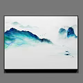 Ink Wash Style Landscape Painting With Misty Mountains Calm Water Small Boat And Birds