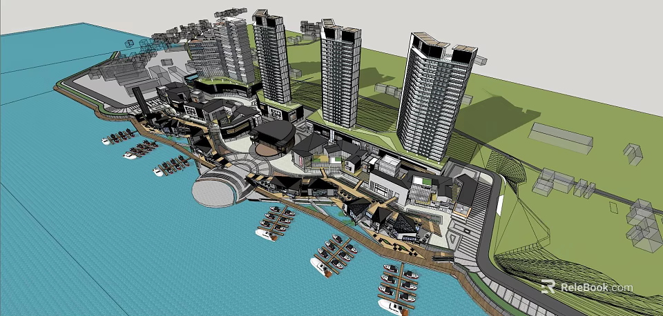 Modern Waterfront Commercial Street With Tall Buildings Marina Boats And Landscaping 3d model 