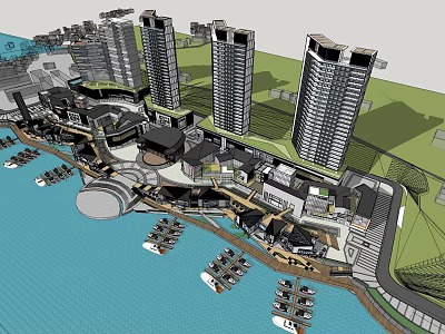 Modern Waterfront Commercial Street With Tall Buildings Marina Boats And Landscaping 3d model