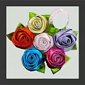 Colorful Decorative Ornament Set with Six Rose Shaped Ornaments Various Colors Green Leaves on White Square Base