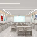 Modern Style Exhibition Hall Interior With White Walls Circular Lighting Service Desk And Hexagonal Panels