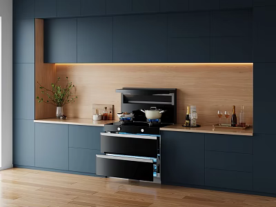 Modern Kitchen Interior With Dark Blue Cabinets Wooden Backsplash And Built In Stove Oven Appliances 3d model