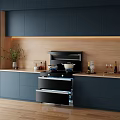 Modern Kitchen Interior With Dark Blue Cabinets Wooden Backsplash And Built In Stove Oven Appliances