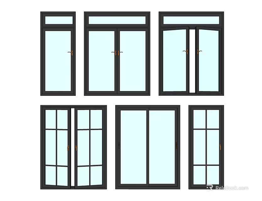 Various Window Styles With Black Frames And Clear Glass Panels 3d model