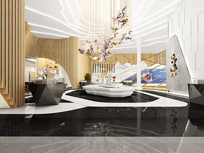 Modern Sales Office Lobby Design Featuring Chandelier Marble Floor And Front Desk 3d model