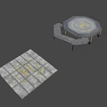 3D Model Of Octagonal Platform With Yellow Logo Metal Stairs And Grid Structure