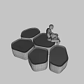 Black Robots Standing And Sitting On Black Hexagonal Platforms With Z Plus And X Logos 3d model