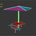 Outdoor Round Table With Green Umbrella And Blue Benches For Patio Seating