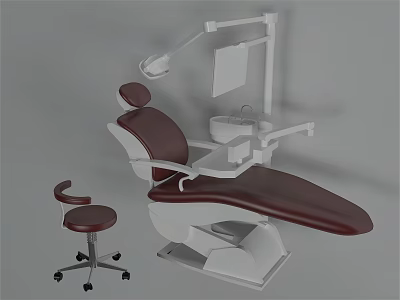 Professional Dental Medical Equipment With Maroon Chair White Frame And Side Stool 3d model