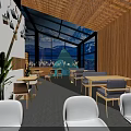 Modern Café Interior With Large Glass Windows Snowy Mountain Views And Art Decorations