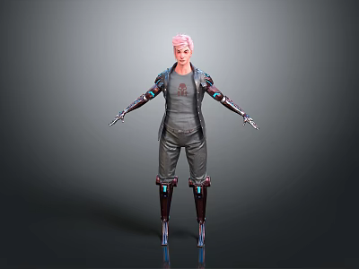 Cyberpunk 3D Humanoid Character With Pink Hair And Mechanical Arm Leg Armor 3d model