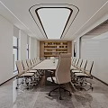Modern Conference Room Interior With Long Table Bookshelf Large Windows And Ceiling Light 3d model