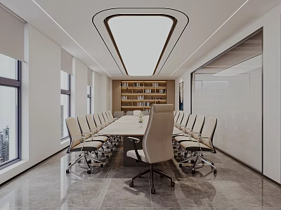 Modern Conference Room Interior With Long Table Bookshelf Large Windows And Ceiling Light 3d model