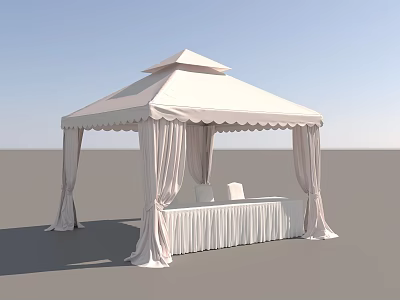 Elegant White Canopy Tent With Scalloped Edges Draped Curtains And White Fabric Covered Table 3d model