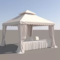 Elegant White Canopy Tent With Scalloped Edges Draped Curtains And White Fabric Covered Table
