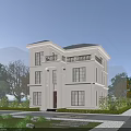 White Two Story Detached Villa With Balcony And Landscaped Garden