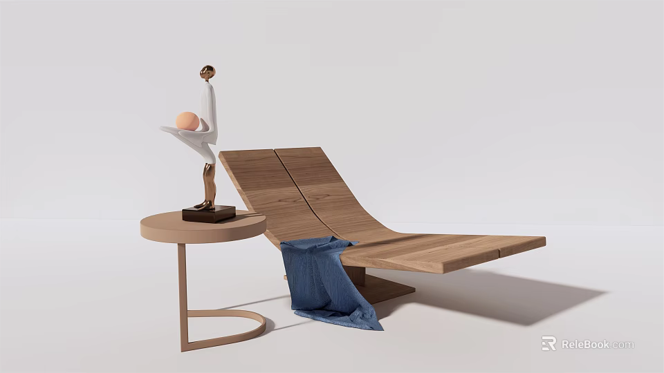 Modern Wooden Lounge Chair With Side Table Sculpture And Blue Cloth 3d model 