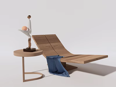 Modern Wooden Lounge Chair With Side Table Sculpture And Blue Cloth 3d model
