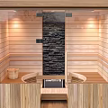 Modern Shower Sauna With Wooden Interior Stone Wall And Ambient Lighting