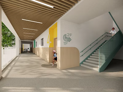 Modern Corridor With Wooden Ceiling Green Staircase Kids And Signs 3d model