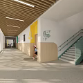 Modern Corridor With Wooden Ceiling Green Staircase Kids And Signs