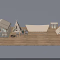 Various Camping Tents on Wooden Platform with Outdoor Furniture and Bonfire Setup