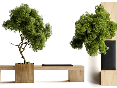 Wooden Bench with Black Cushion Surrounded by Green Trees in Modern Outdoor Space 3d model