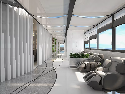 Modern Office Corridor With White Vertical Partitions Gray Sofa Green Plants And Large Windows 3d model