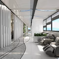 Modern Office Corridor With White Vertical Partitions Gray Sofa Green Plants And Large Windows