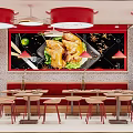 Restaurant Interior Featuring Red Pendant Lights Large Mural Roasted Chicken Lettuce Lime Spices Dining Tables