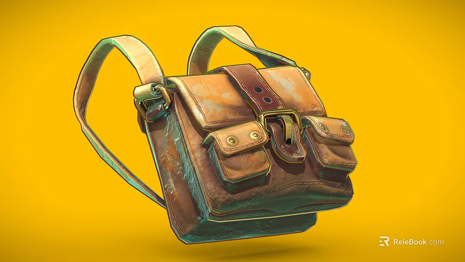 Vintage Leather Bag With Shoulder Straps Front Pockets And Distressed Texture On Yellow Background 3d model 
