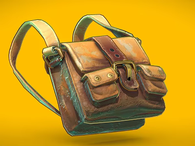 Vintage Leather Bag With Shoulder Straps Front Pockets And Distressed Texture On Yellow Background 3d model