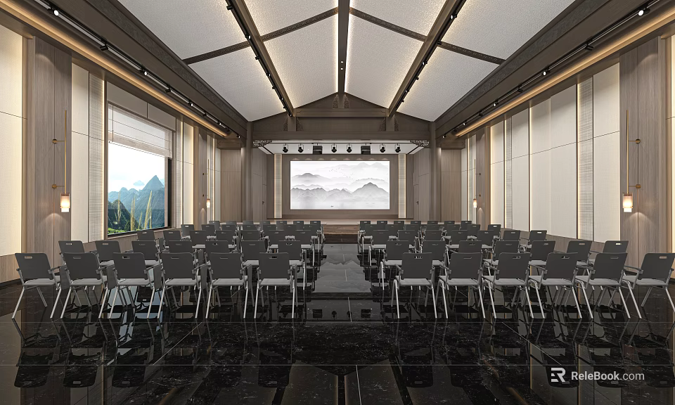 Modern Conference Room Interior With Large Projection Screen Neatly Arranged Seats And Mountain View Windows 3d model 