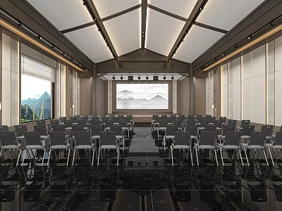 Modern Conference Room Interior With Large Projection Screen Neatly Arranged Seats And Mountain View Windows 3d model