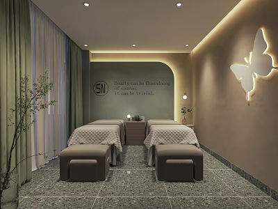 Luxury SPA Sauna Interior Design With Massage Beds Green Plants Butterfly Light Gray Stone Floor 3d model