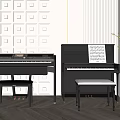 Instruments and Art Supplies Showcase with Black Pianos Music Sheets Stools and Green Plants