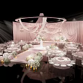 Elegant Pink Ceiling Drapery In Wedding Banquet Hall With Floral Decor Chandeliers And Tables